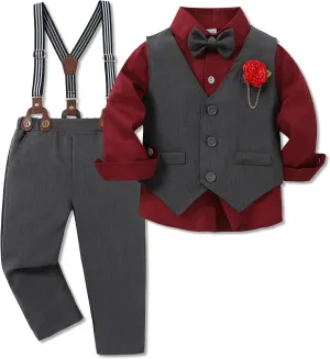 WESIDOM Toddler Boy Clothes Suit Formal Dress Shirt Bowtie Vest Boutonniere Suspender Pants Boys Gentleman Outfits Set