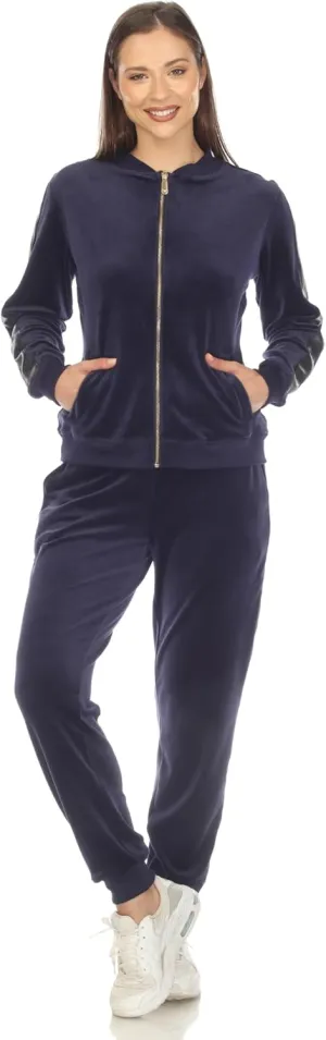 white mark Women's 2-Piece Velour Bomber Track Jacket and Sweatpants Tracksuit Set with Faux Leather Stripe