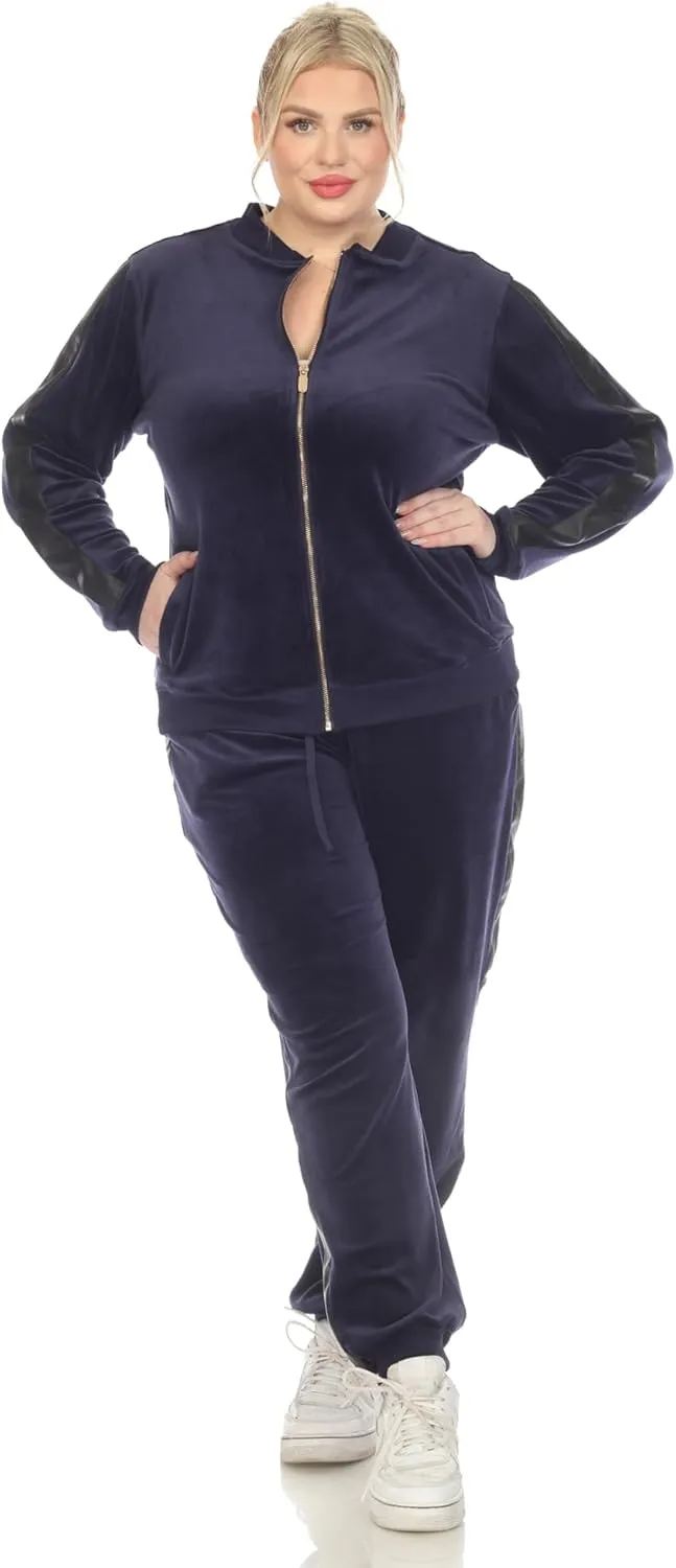 white mark Women's 2-Piece Velour Bomber Track Jacket and Sweatpants Tracksuit Set with Faux Leather Stripe