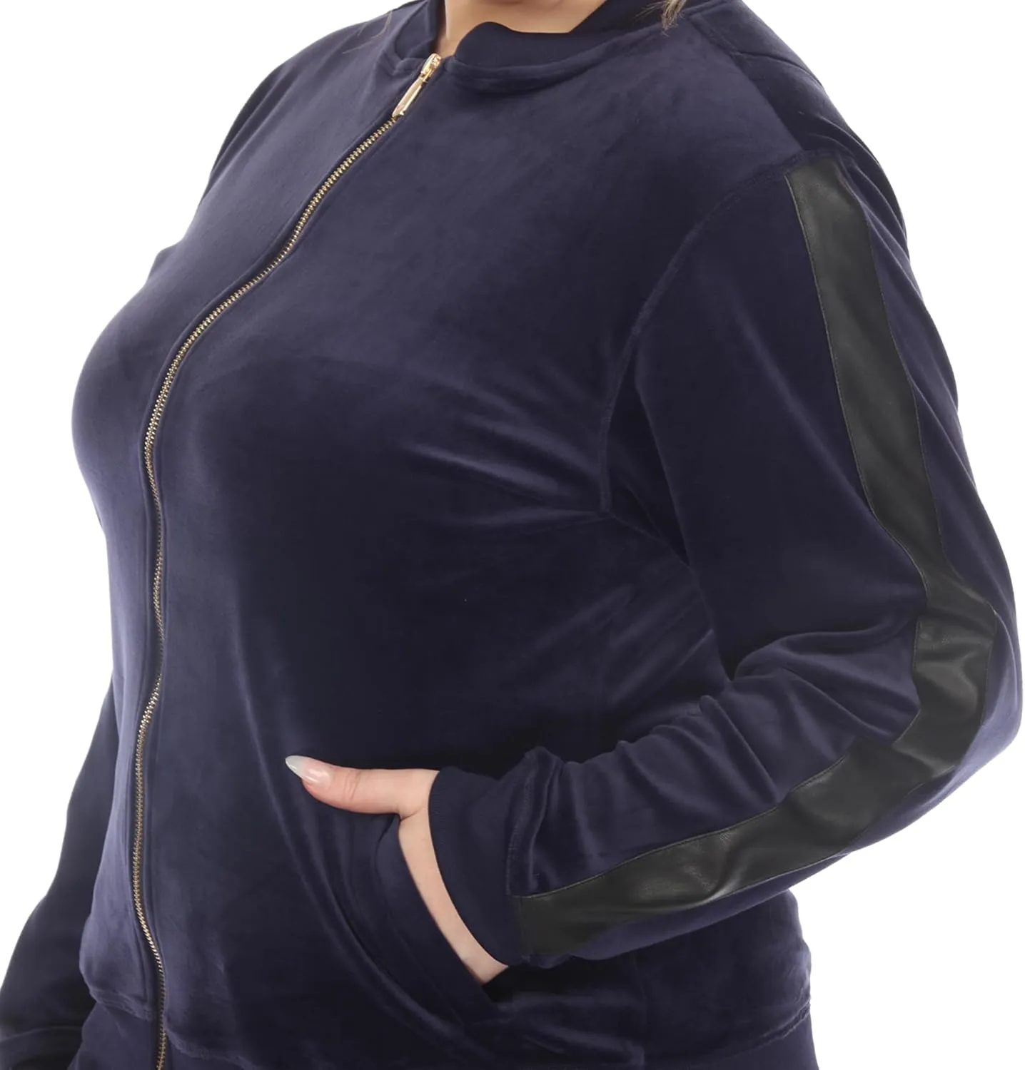white mark Women's 2-Piece Velour Bomber Track Jacket and Sweatpants Tracksuit Set with Faux Leather Stripe