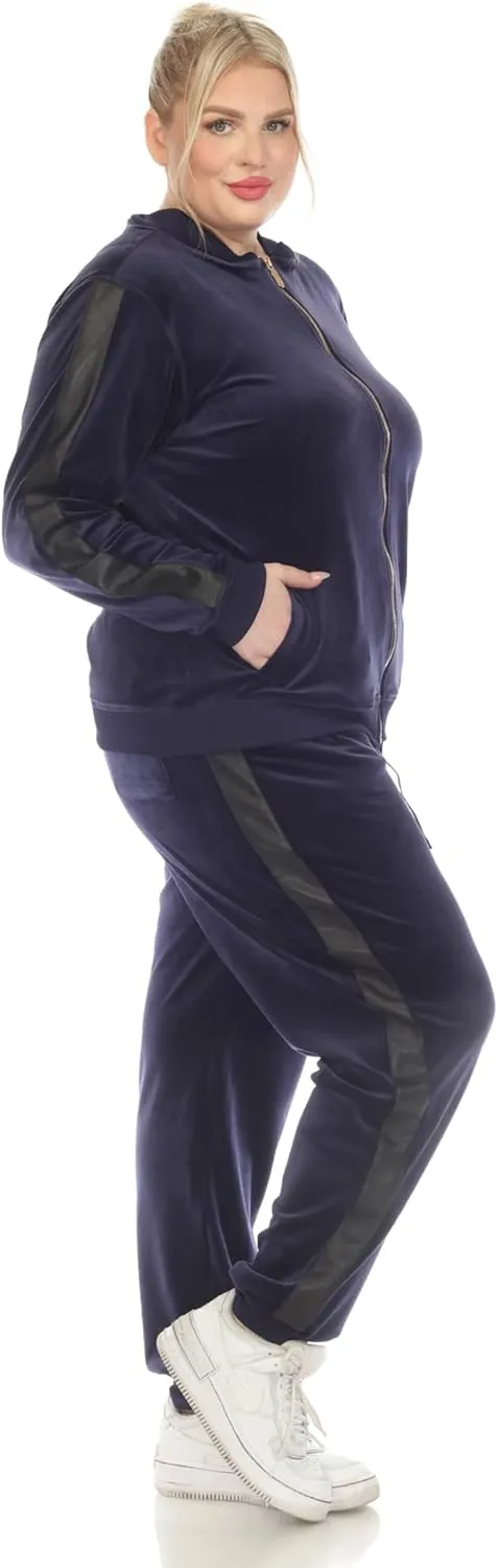 white mark Women's 2-Piece Velour Bomber Track Jacket and Sweatpants Tracksuit Set with Faux Leather Stripe