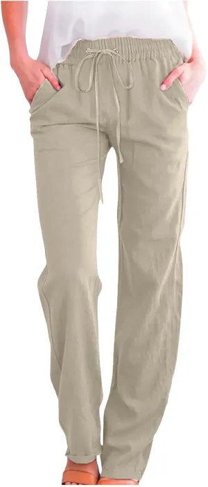 Wide Leg Pants Woman Elastic Waist Trousers Lightweight Linen Blend Casual Lounge Wear High Waist Design