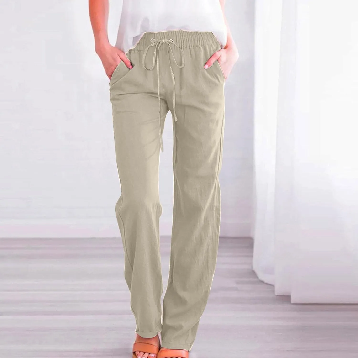 Wide Leg Pants Woman Elastic Waist Trousers Lightweight Linen Blend Casual Lounge Wear High Waist Design