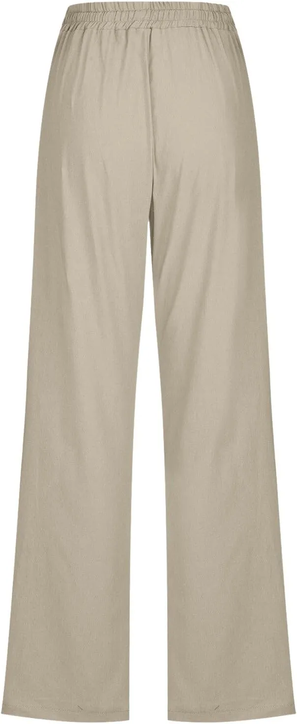 Wide Leg Pants Woman Elastic Waist Trousers Lightweight Linen Blend Casual Lounge Wear High Waist Design