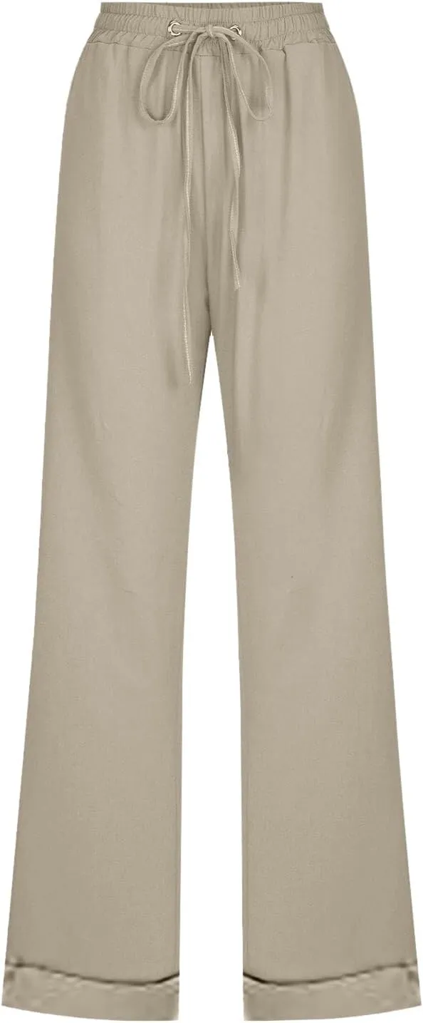 Wide Leg Pants Woman Elastic Waist Trousers Lightweight Linen Blend Casual Lounge Wear High Waist Design