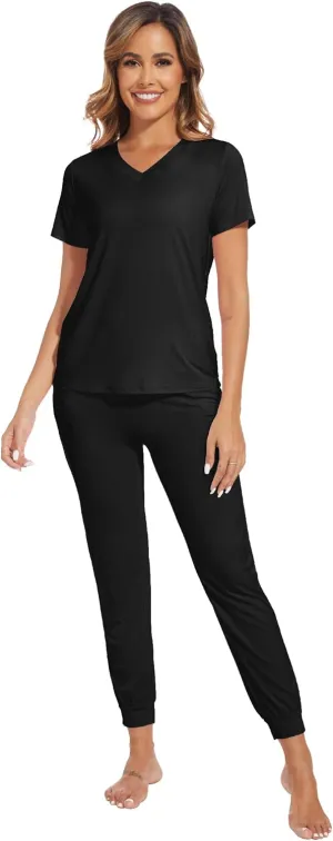 WiWi Pajama Sets for Women Soft Short Sleeve Sleepwear Viscose from Bamboo V Neck Top with Jogger Pants Pjs S-XXL