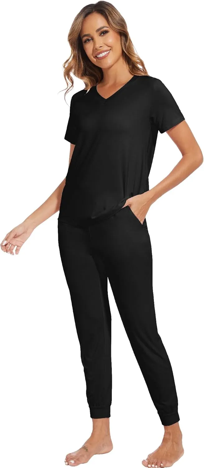 WiWi Pajama Sets for Women Soft Short Sleeve Sleepwear Viscose from Bamboo V Neck Top with Jogger Pants Pjs S-XXL