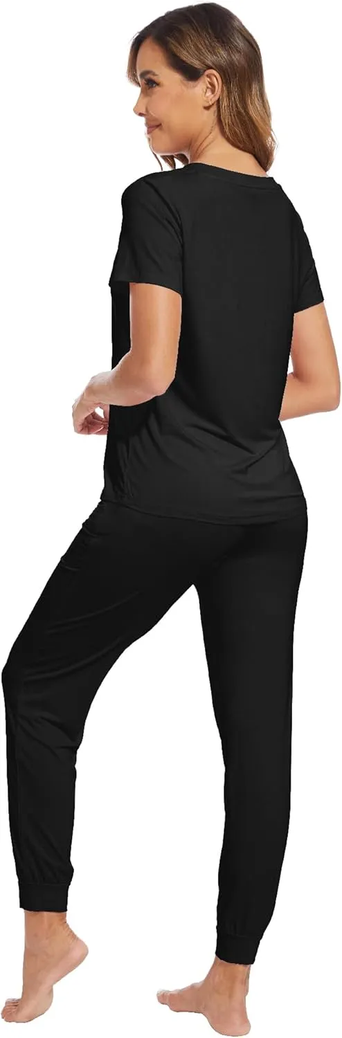 WiWi Pajama Sets for Women Soft Short Sleeve Sleepwear Viscose from Bamboo V Neck Top with Jogger Pants Pjs S-XXL
