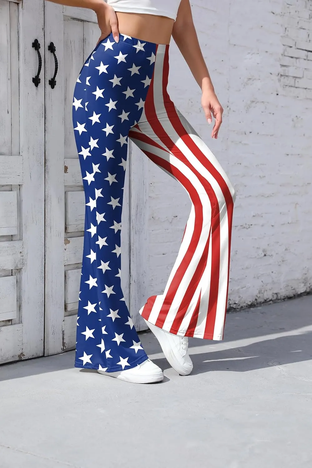 Women 4th of July Bell Bottom High Waisted Patriotic Flare Leggings Pants Print American Flag