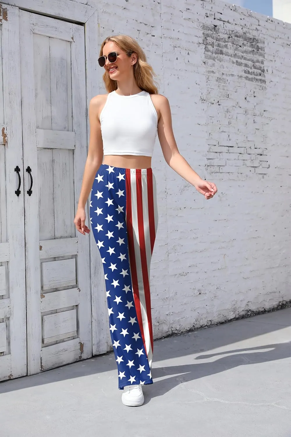 Women 4th of July Bell Bottom High Waisted Patriotic Flare Leggings Pants Print American Flag
