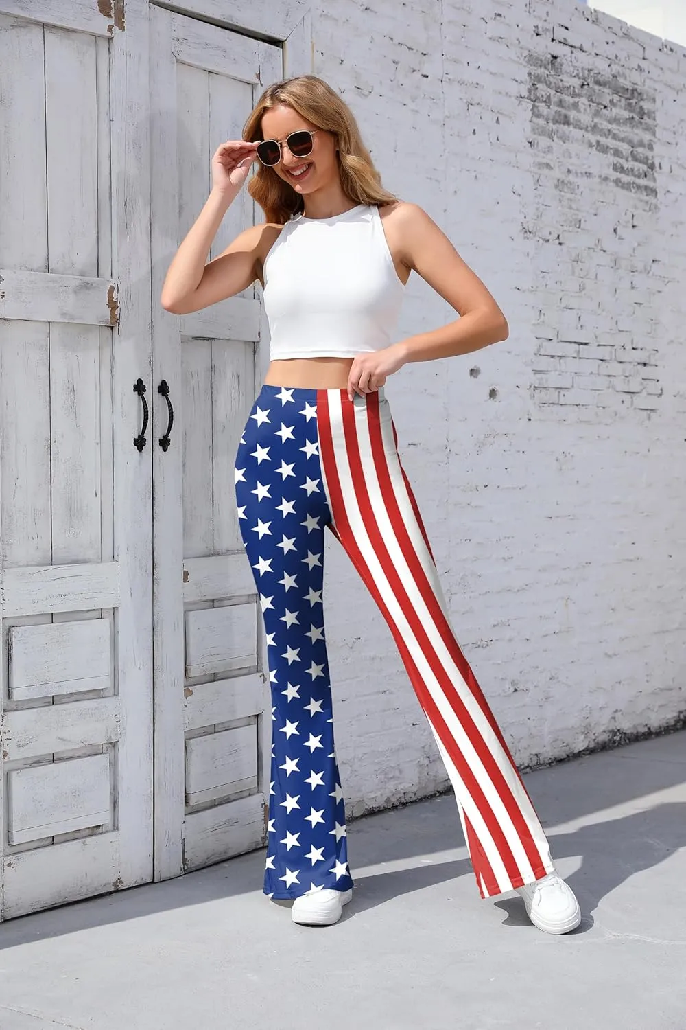 Women 4th of July Bell Bottom High Waisted Patriotic Flare Leggings Pants Print American Flag