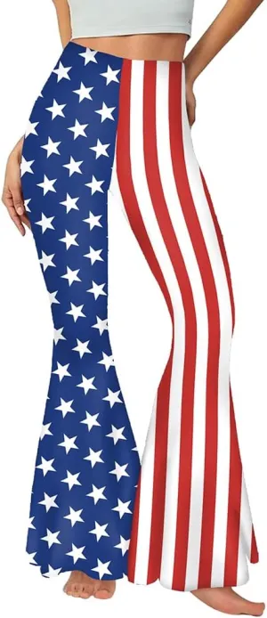 Women 4th of July Bell Bottom High Waisted Patriotic Flare Leggings Pants Print American Flag