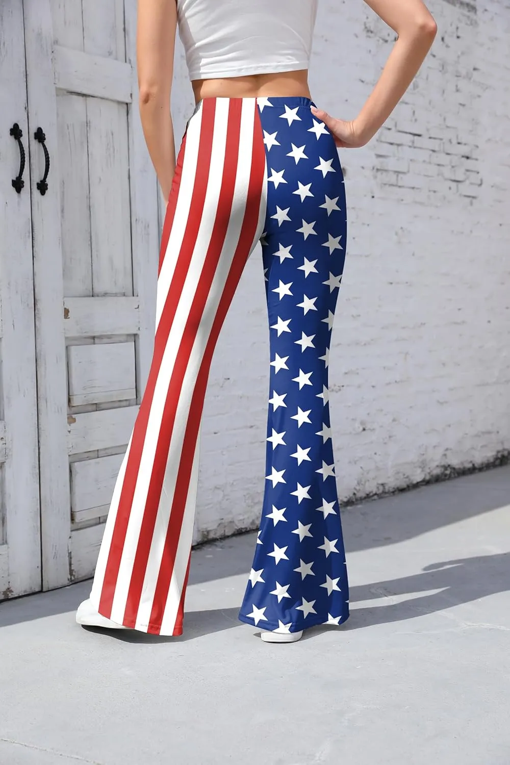 Women 4th of July Bell Bottom High Waisted Patriotic Flare Leggings Pants Print American Flag