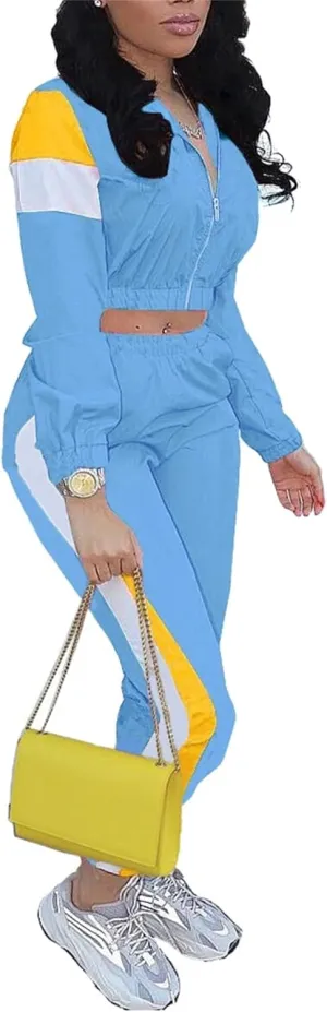 Women Casual Tracksuit 2 Piece Zip Top Jacket and Elastic Waistband Pant Women Windbreaker Tracksuit Sets