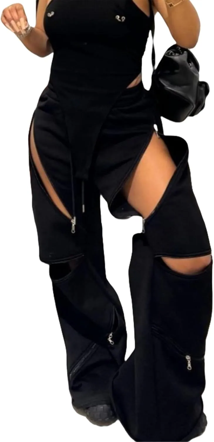 Women Flare Wide Leg Sweatpants Baggy High Waisted Cargo Sweatpants Y2k Loose Casual Pants with Multi Zipper