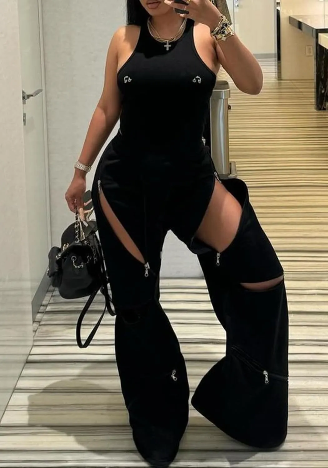 Women Flare Wide Leg Sweatpants Baggy High Waisted Cargo Sweatpants Y2k Loose Casual Pants with Multi Zipper