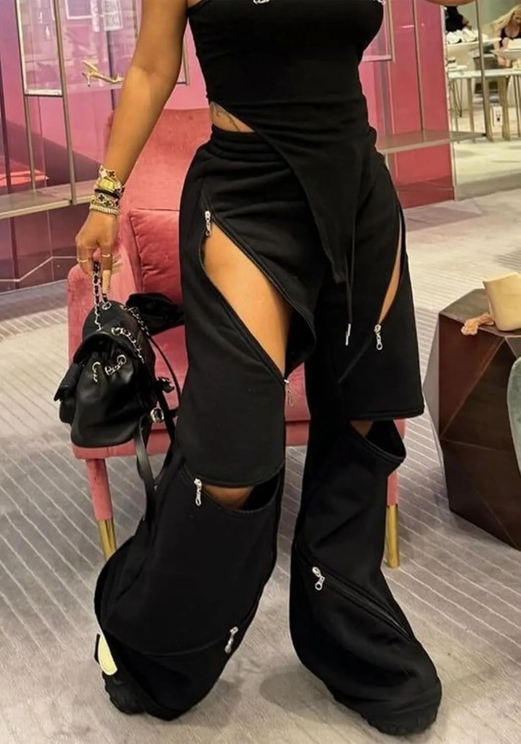 Women Flare Wide Leg Sweatpants Baggy High Waisted Cargo Sweatpants Y2k Loose Casual Pants with Multi Zipper