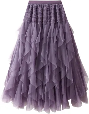 Women High Elastic Waist Mesh Layered Long Fairy Tulle Skirt Irregular Hem Pleated Tutu A-Line Midi Skirts