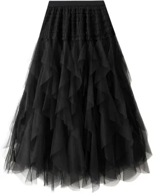 Women High Elastic Waist Mesh Layered Long Fairy Tulle Skirt Irregular Hem Pleated Tutu A-Line Midi Skirts