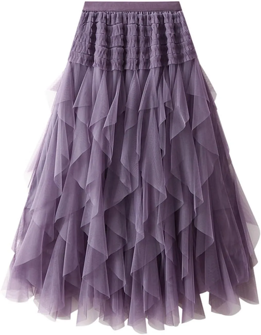 Women High Elastic Waist Mesh Layered Long Fairy Tulle Skirt Irregular Hem Pleated Tutu A-Line Midi Skirts
