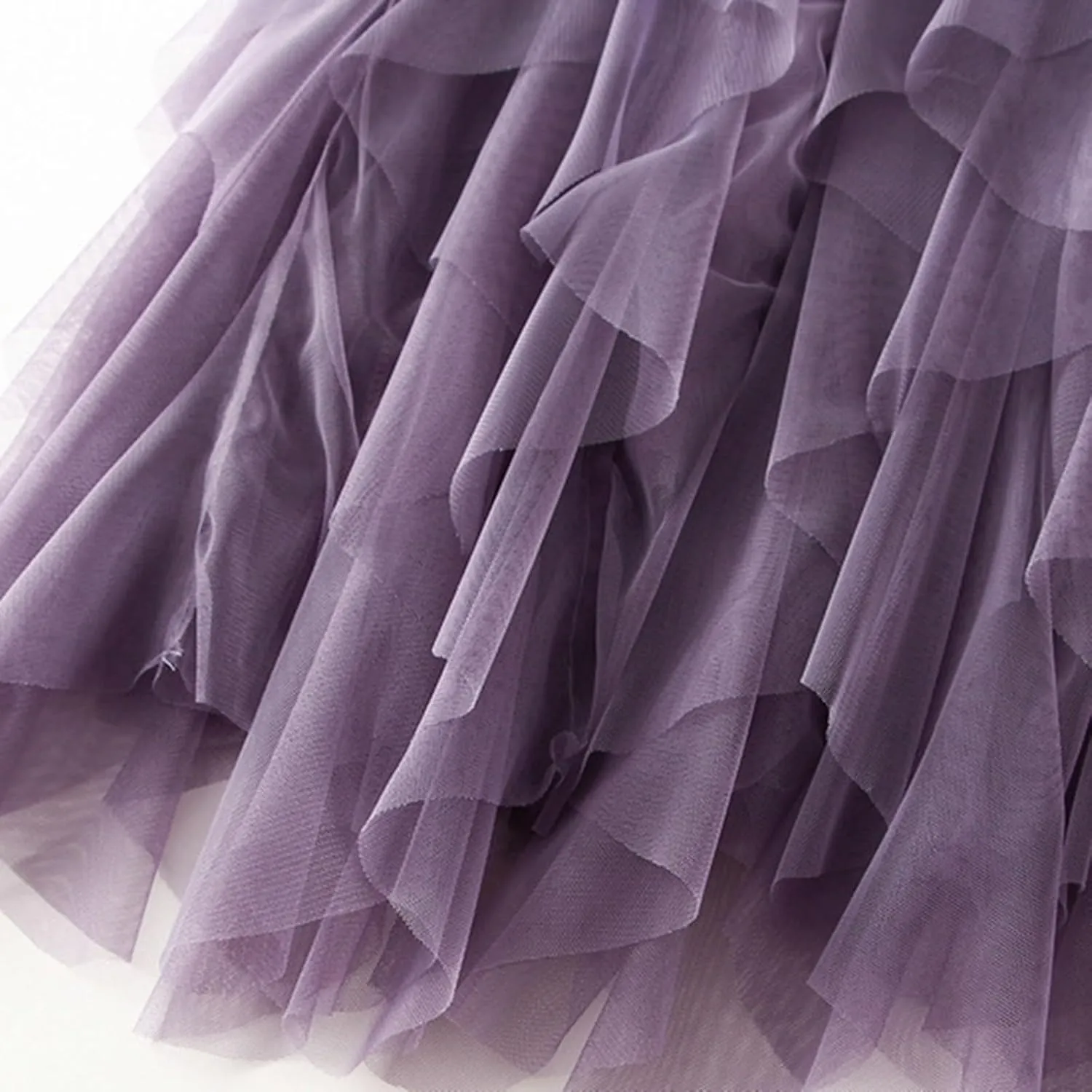 Women High Elastic Waist Mesh Layered Long Fairy Tulle Skirt Irregular Hem Pleated Tutu A-Line Midi Skirts