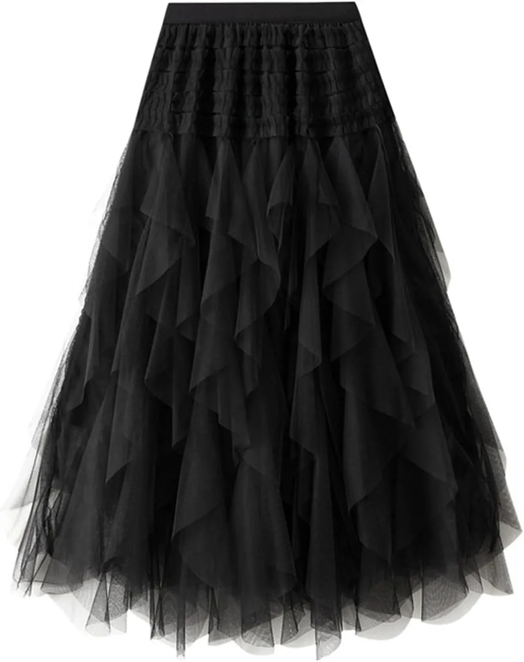 Women High Elastic Waist Mesh Layered Long Fairy Tulle Skirt Irregular Hem Pleated Tutu A-Line Midi Skirts