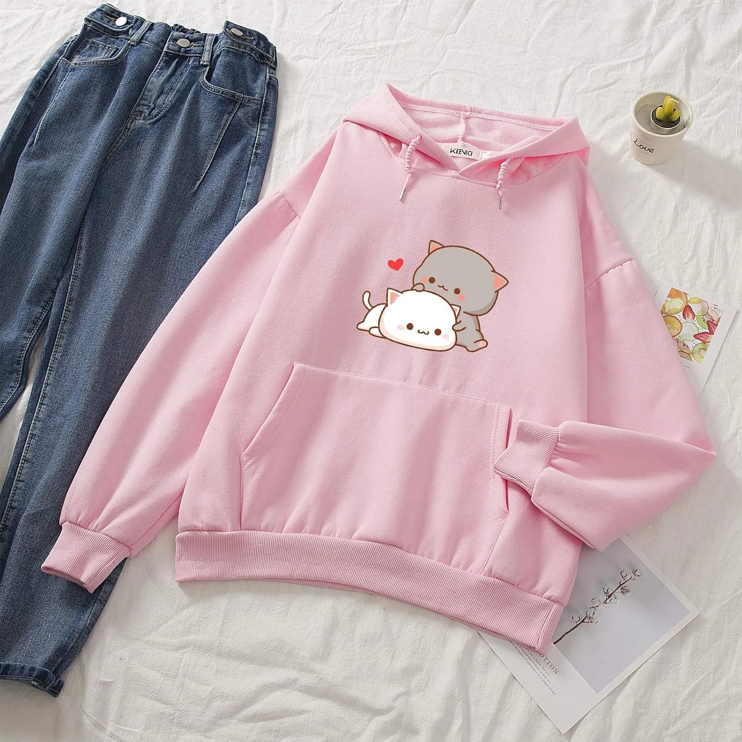 Women Kawaii Cartoon Cute Cat Graphic Casual Cotton Pullover Hoodies Sweatshirt