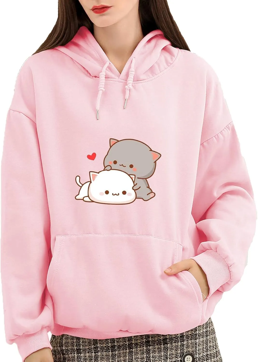 Women Kawaii Cartoon Cute Cat Graphic Casual Cotton Pullover Hoodies Sweatshirt