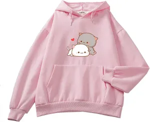 Women Kawaii Cartoon Cute Cat Graphic Casual Cotton Pullover Hoodies Sweatshirt
