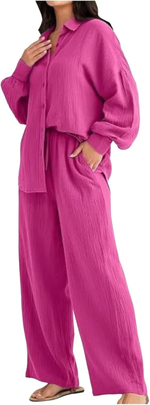 Women Linen Sets 2 Piece Outfits 2025 Summer Casual Loose Top Wide Leg Pants Matching Tracksuit Sweatsuit Sets