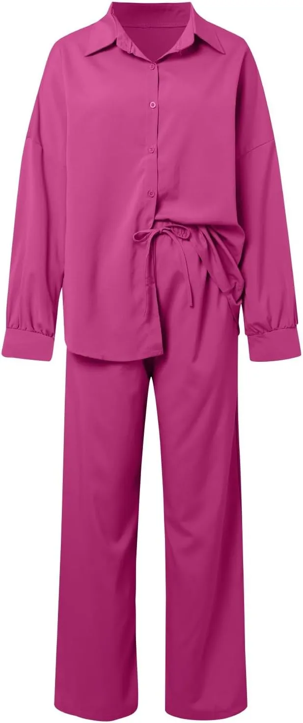 Women Linen Sets 2 Piece Outfits 2025 Summer Casual Loose Top Wide Leg Pants Matching Tracksuit Sweatsuit Sets