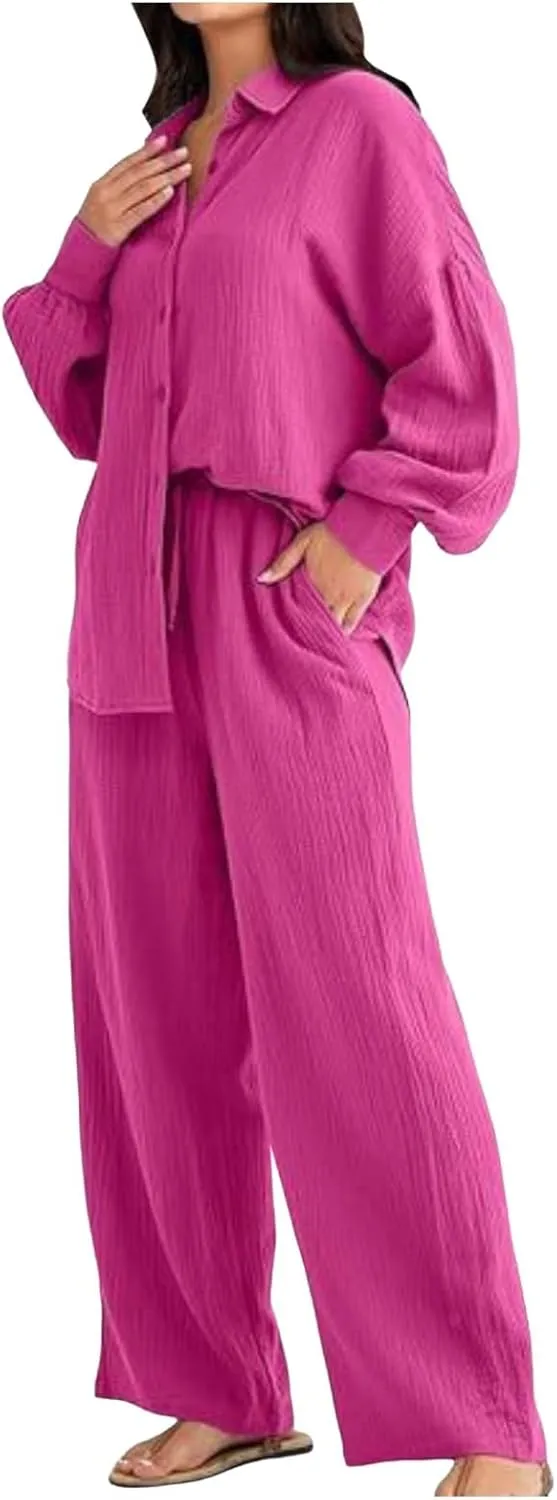 Women Linen Sets 2 Piece Outfits 2025 Summer Casual Loose Top Wide Leg Pants Matching Tracksuit Sweatsuit Sets