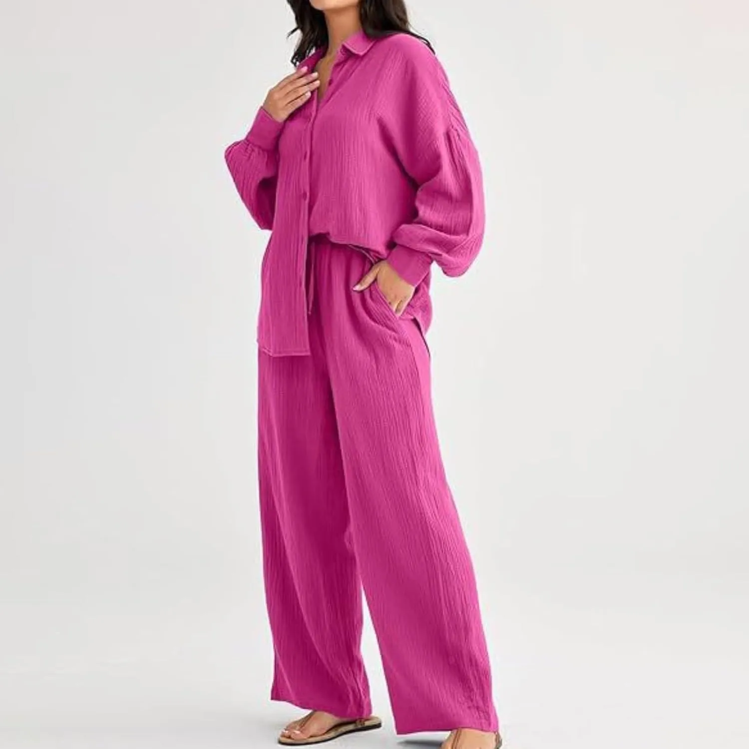 Women Linen Sets 2 Piece Outfits 2025 Summer Casual Loose Top Wide Leg Pants Matching Tracksuit Sweatsuit Sets