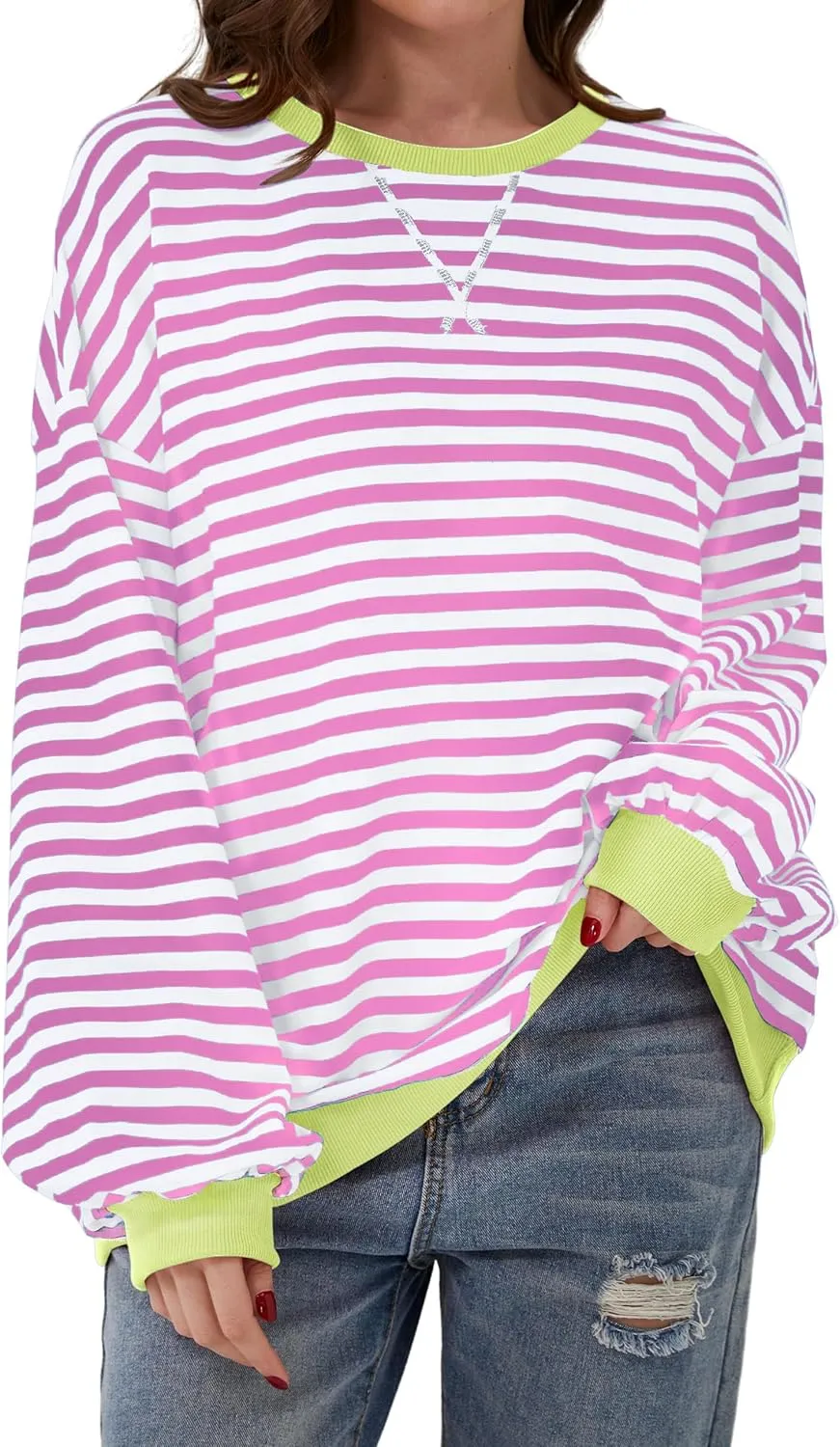 Women Oversized Striped Sweatshirt Loose Pullover Long Sleeve Fall 2024 Casual Hoodies Y2K Crew Neck Sweater
