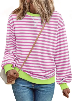 Women Oversized Striped Sweatshirt Loose Pullover Long Sleeve Fall 2024 Casual Hoodies Y2K Crew Neck Sweater