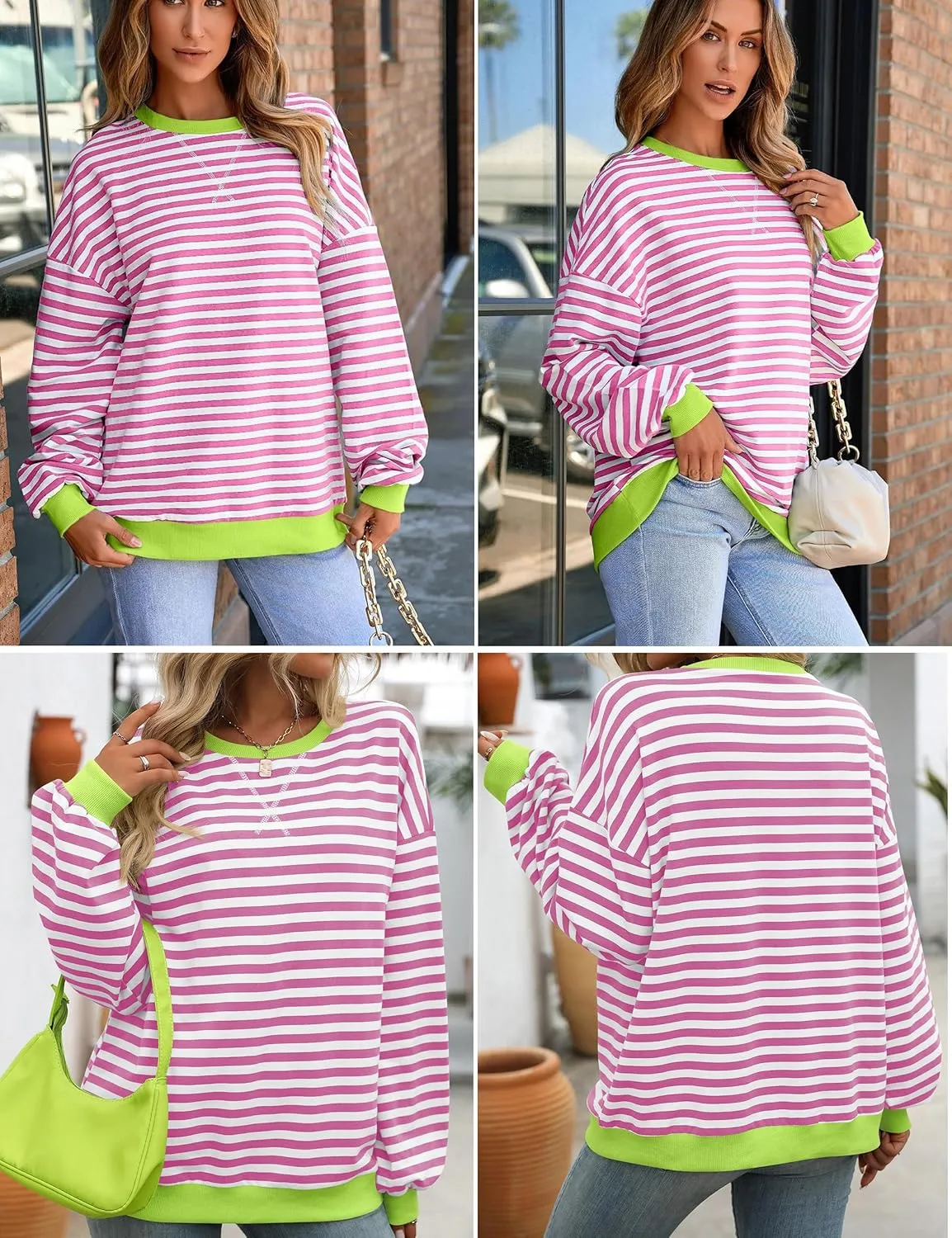 Women Oversized Striped Sweatshirt Loose Pullover Long Sleeve Fall 2024 Casual Hoodies Y2K Crew Neck Sweater