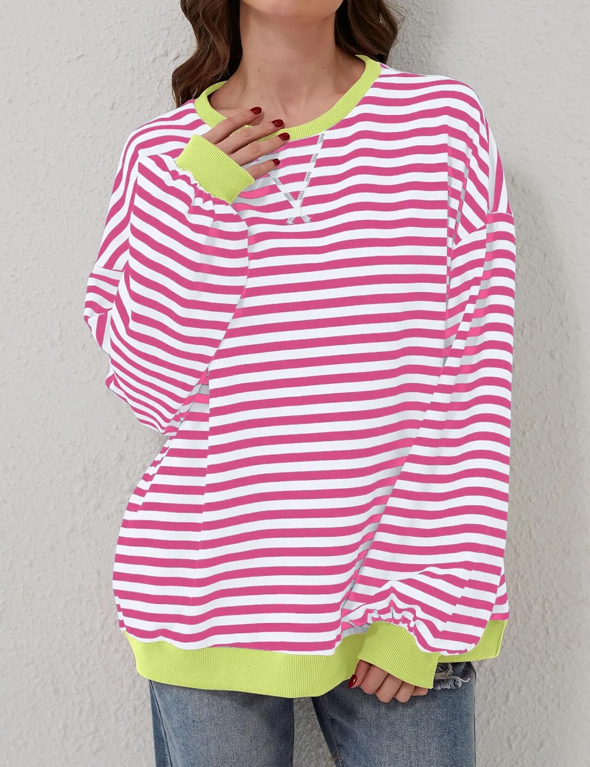 Women Oversized Striped Sweatshirt Loose Pullover Long Sleeve Fall 2024 Casual Hoodies Y2K Crew Neck Sweater