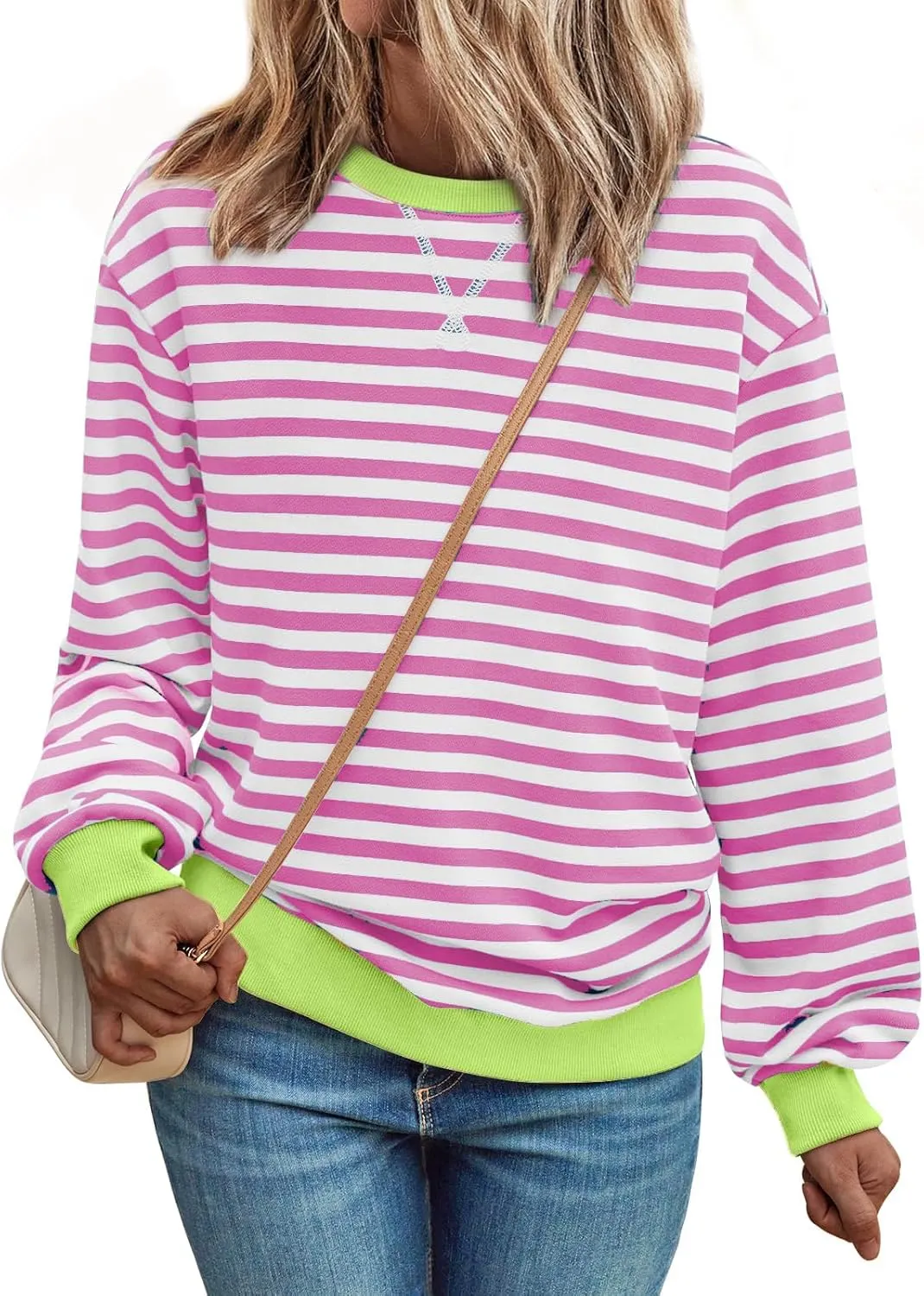 Women Oversized Striped Sweatshirt Loose Pullover Long Sleeve Fall 2024 Casual Hoodies Y2K Crew Neck Sweater