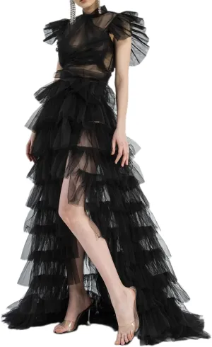 Women Tulle Tutu Long Skirt Victorian Steampunk Bustle Layered Skirt Self-Tied Belt High Low Maxi Prom Party Skirt