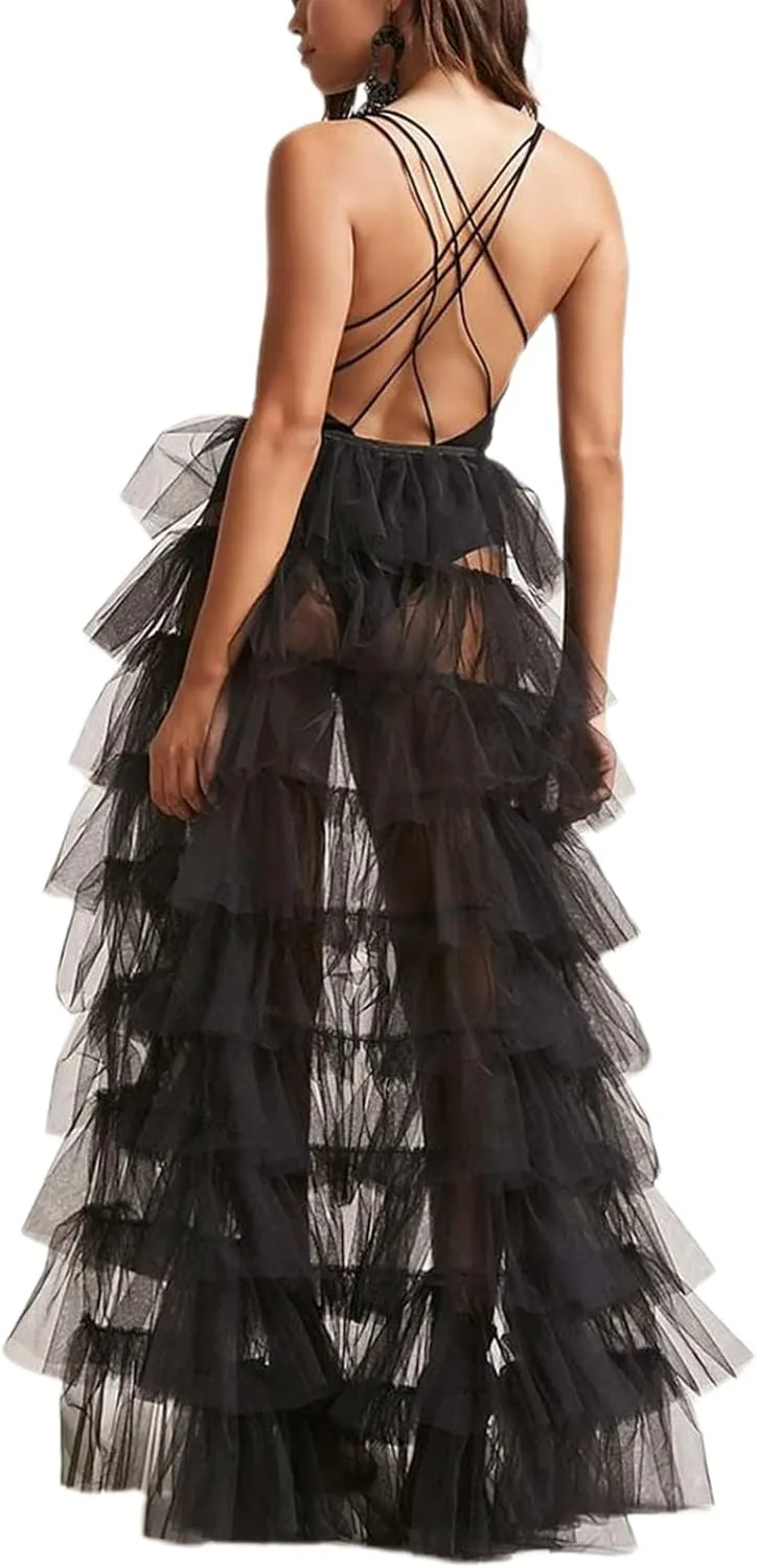 Women Tulle Tutu Long Skirt Victorian Steampunk Bustle Layered Skirt Self-Tied Belt High Low Maxi Prom Party Skirt