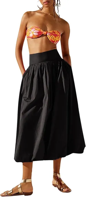 Women Y2K Bubble Long Skirt A Line Elastic Waist Pleated Balloon Midi Dress Casual Loose Puffy Maxi Skirts (Black, S)
