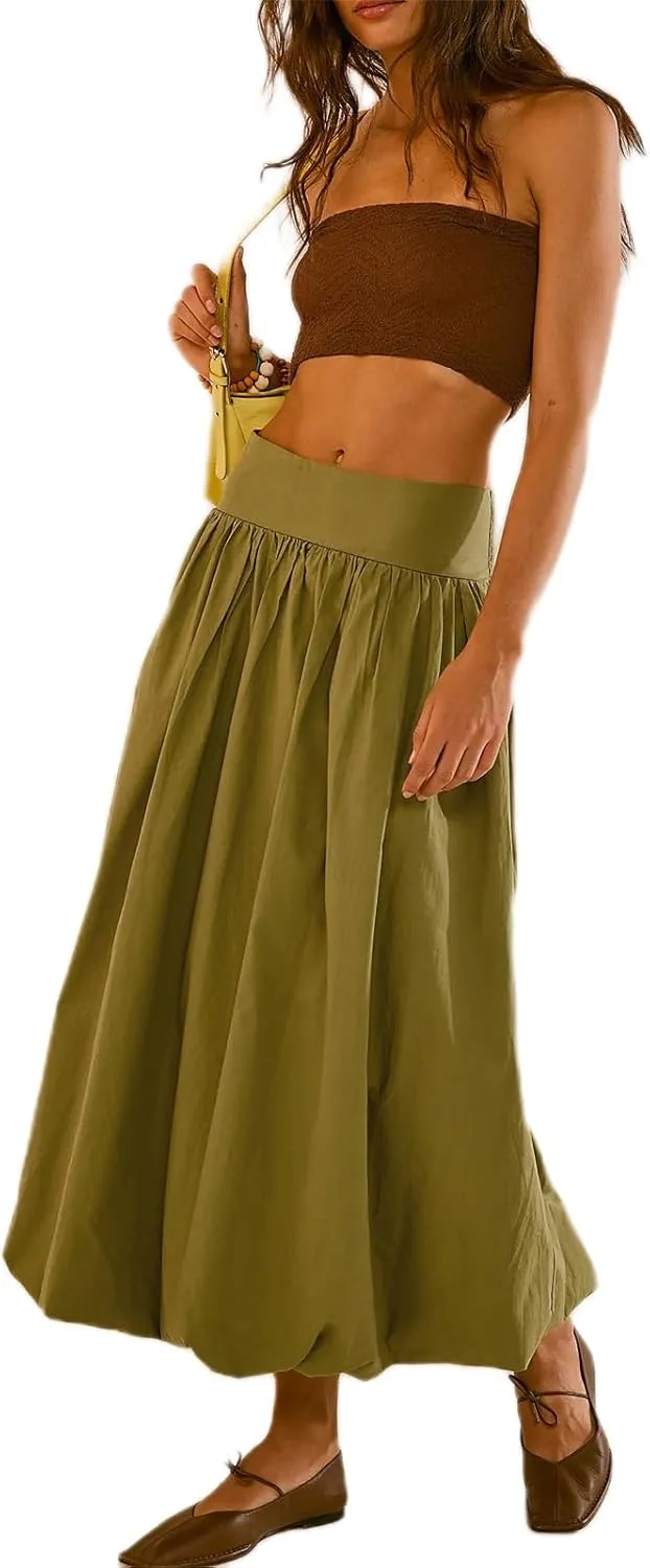 Women Y2K Bubble Long Skirt A Line Elastic Waist Pleated Balloon Midi Dress Casual Loose Puffy Maxi Skirts (Green, L)