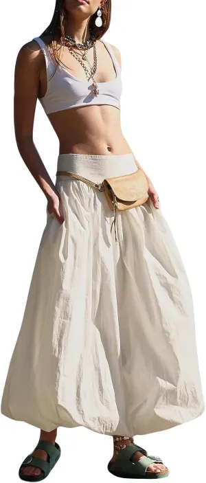 Women Y2K Bubble Long Skirt A Line Elastic Waist Pleated Balloon Midi Dress Casual Loose Puffy Maxi Skirts (Ivory, M)
