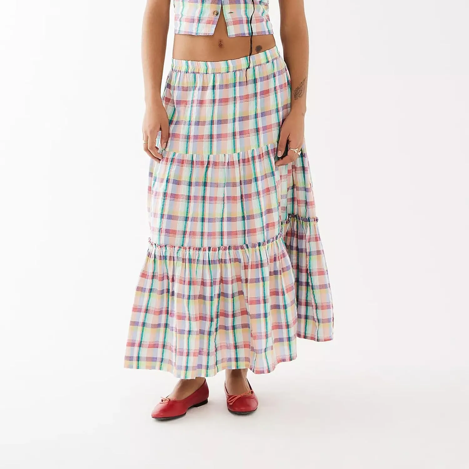 Women Y2K Plaid Tiered Maxi Skirts Elastic High Waist Gingham Pleated Long Skirt Vintage Flowy A Line Swing Skirts