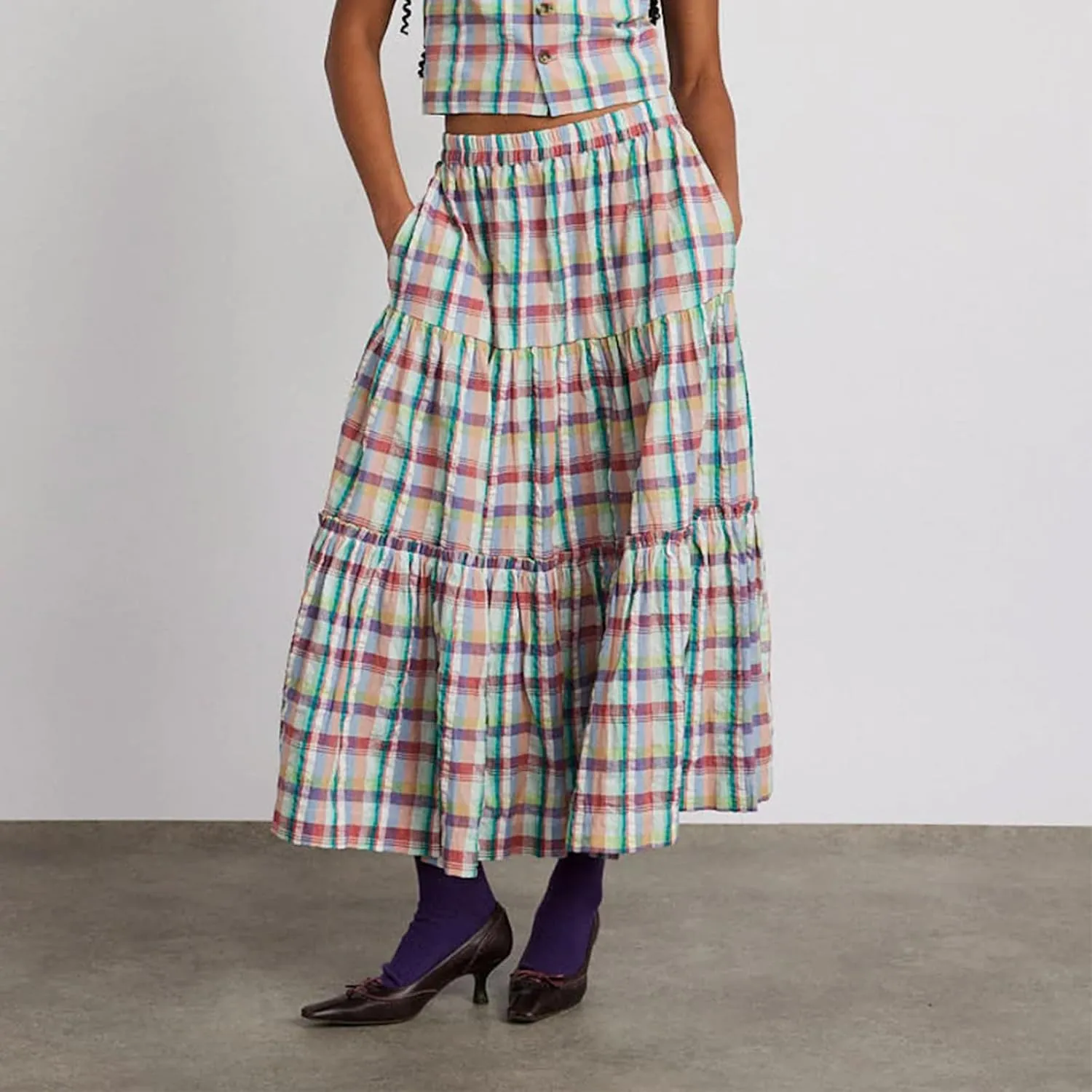 Women Y2K Plaid Tiered Maxi Skirts Elastic High Waist Gingham Pleated Long Skirt Vintage Flowy A Line Swing Skirts