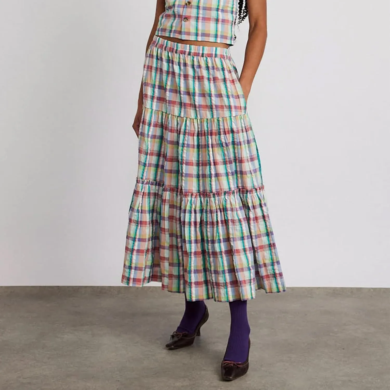 Women Y2K Plaid Tiered Maxi Skirts Elastic High Waist Gingham Pleated Long Skirt Vintage Flowy A Line Swing Skirts
