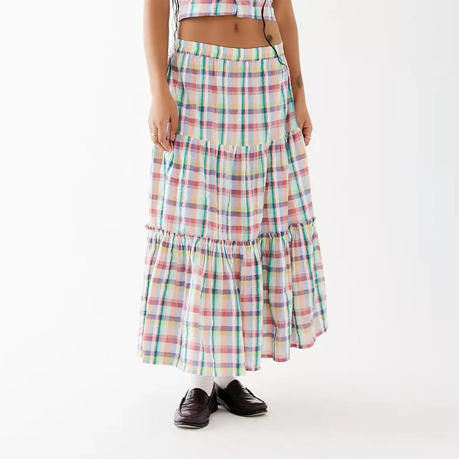 Women Y2K Plaid Tiered Maxi Skirts Elastic High Waist Gingham Pleated Long Skirt Vintage Flowy A Line Swing Skirts
