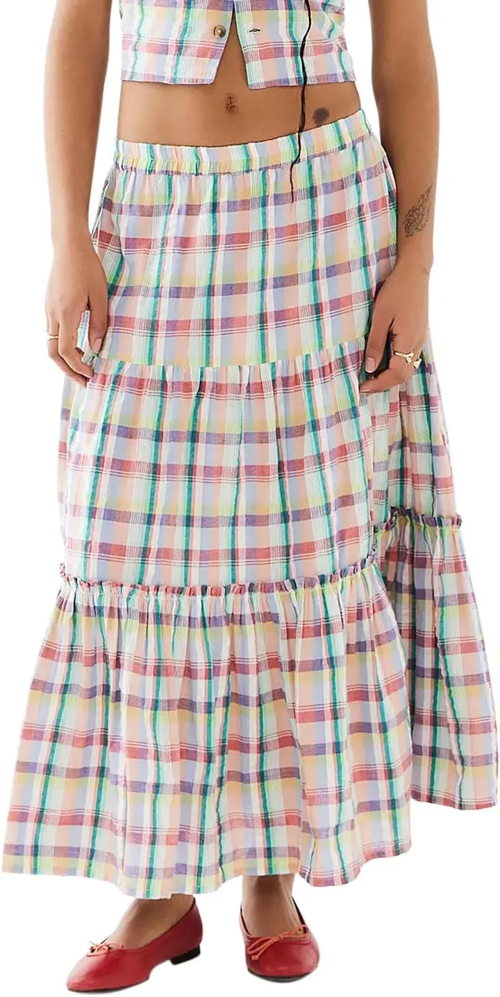 Women Y2K Plaid Tiered Maxi Skirts Elastic High Waist Gingham Pleated Long Skirt Vintage Flowy A Line Swing Skirts