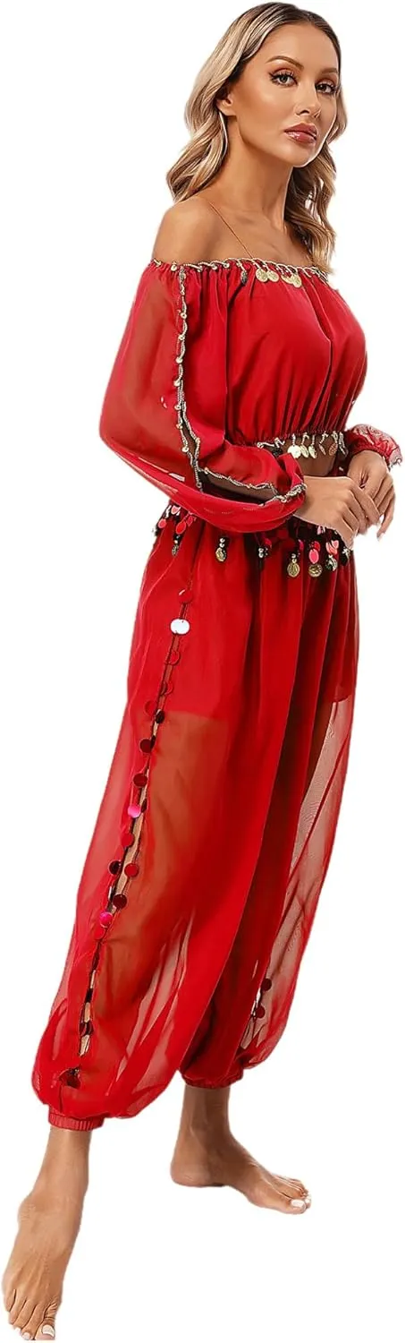 Women's 2Pcs Belly Dancer Costumes Crop Top Harem Pants with Built-in Shorts for Dress Up