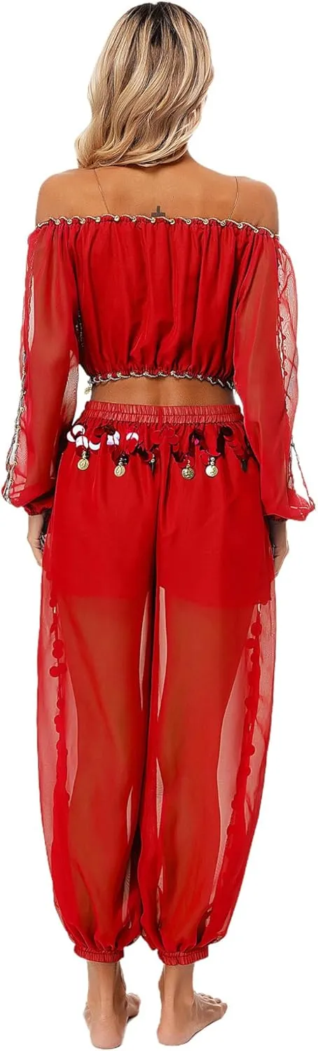 Women's 2Pcs Belly Dancer Costumes Crop Top Harem Pants with Built-in Shorts for Dress Up